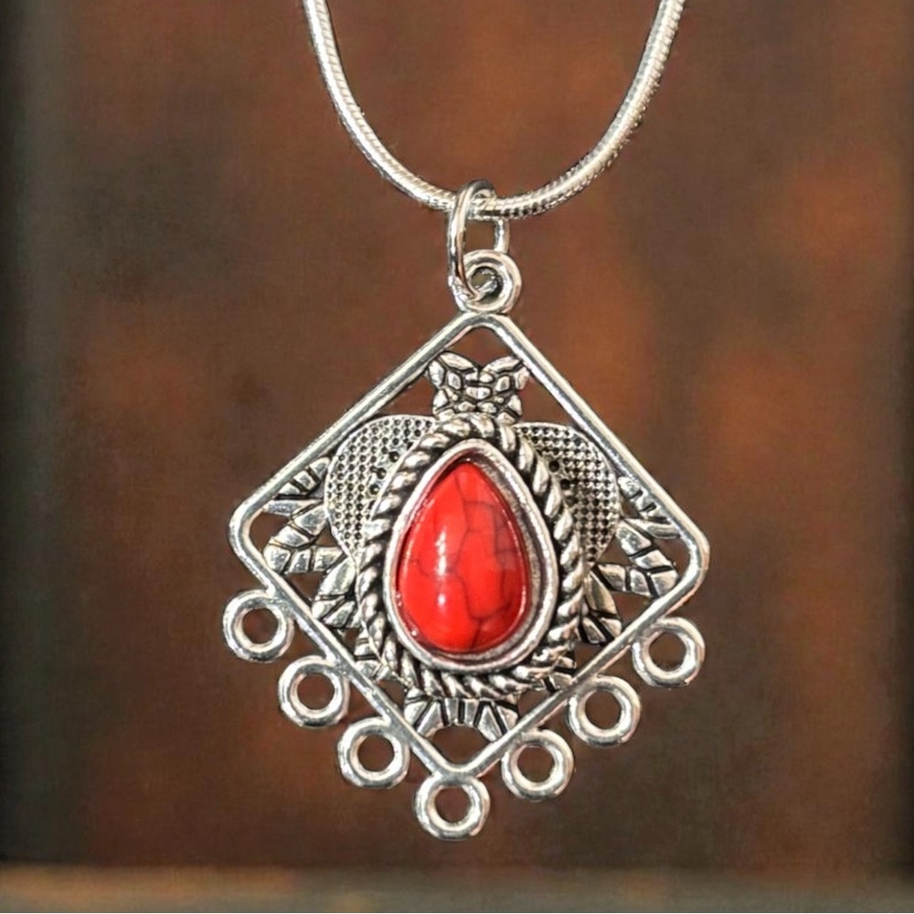 Boho Western Chic Silver Pendant Necklace with Red Stone Center. NWT